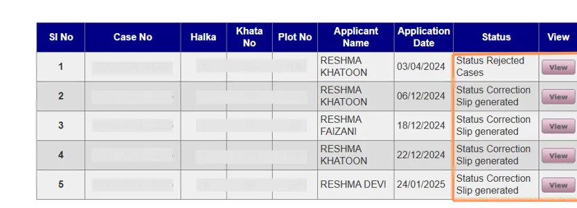 List of Mutation Application Status Screen